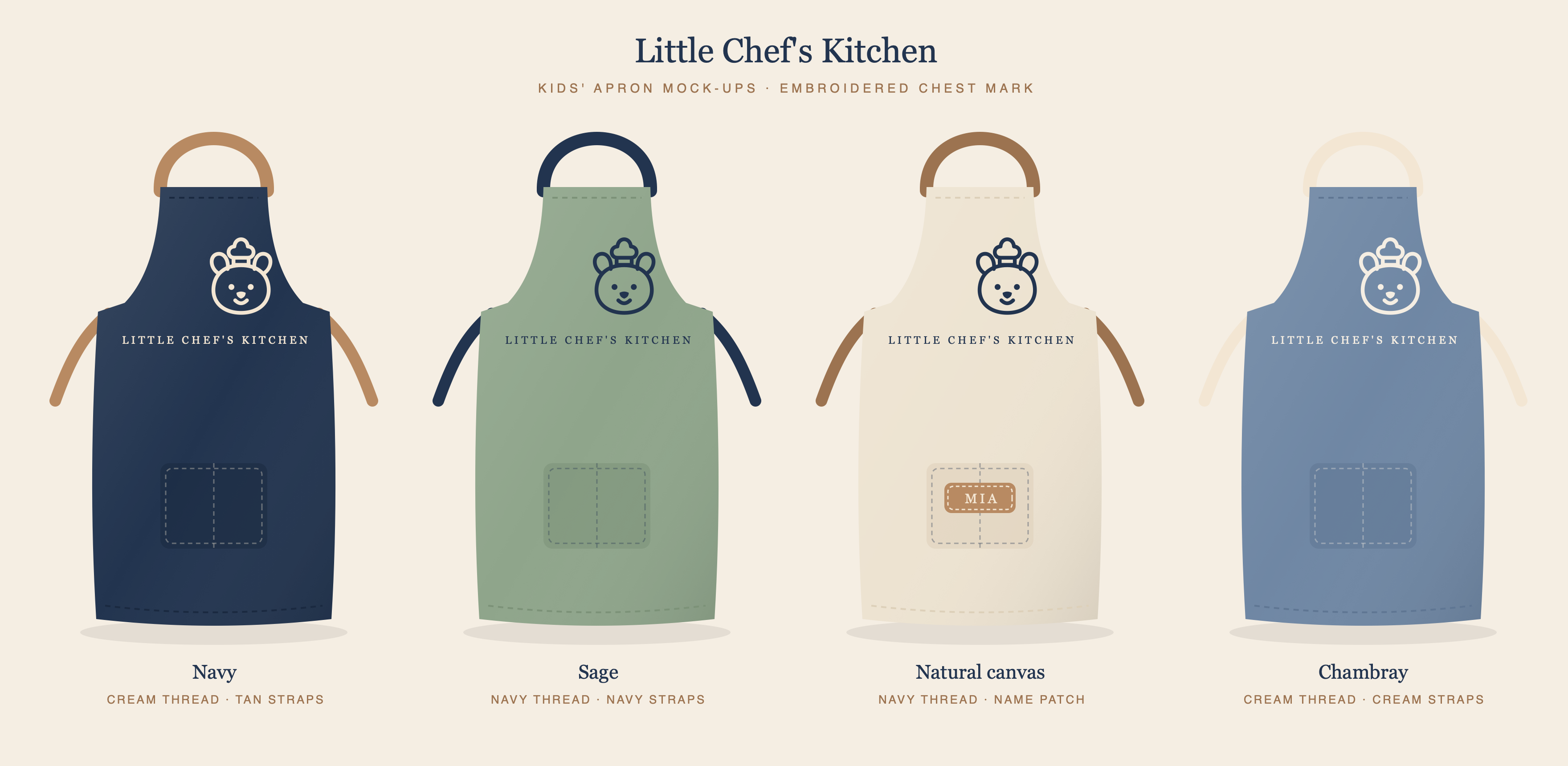 Little Chef's Kitchen kids' aprons in navy, sage, natural canvas and chambray
